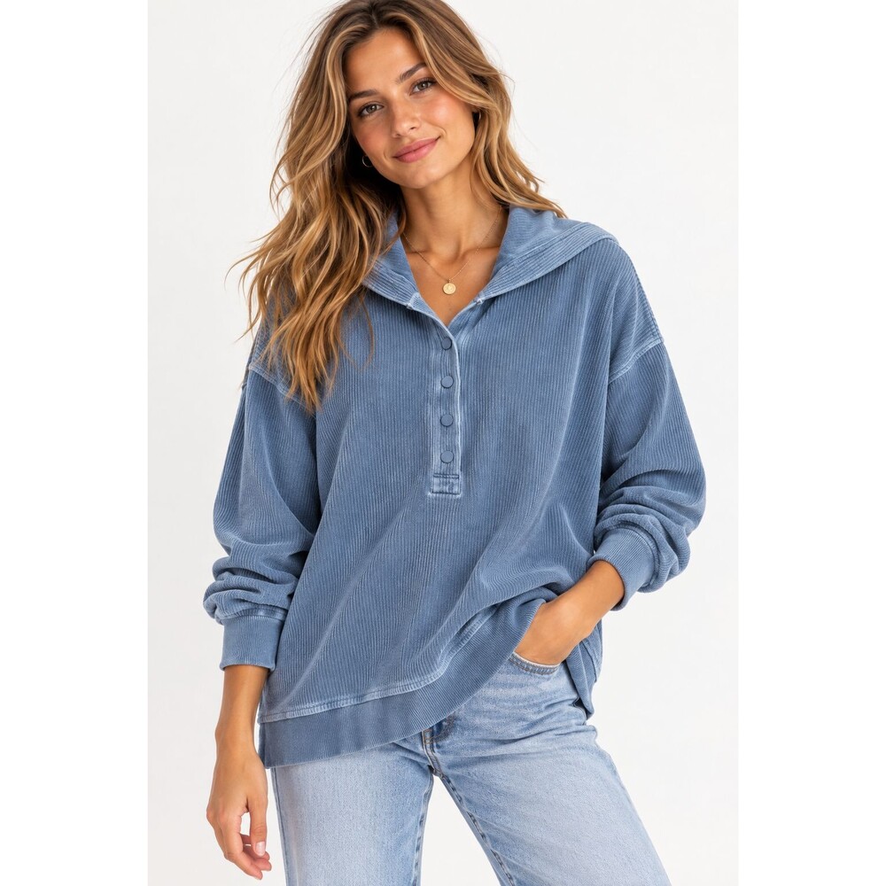 Aerie Textured Henley Hoodie Size Large Blue Pullover Top Ribbed Long Sleeve